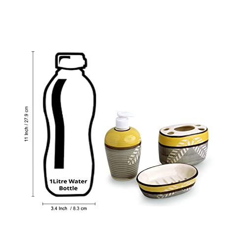 Exclusivelane Leaves Imprinted Ceramic Bathroom Accessories Set Of 3 (Liquid Soap Dispenser, Toothbrush Holder, Tumbler) (El-022